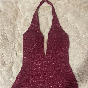 Jovani Burgundy Glitter Halter Prom Dress